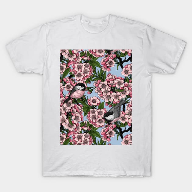 Cherry blossom and chickadees on sky blue T-Shirt by katerinamk